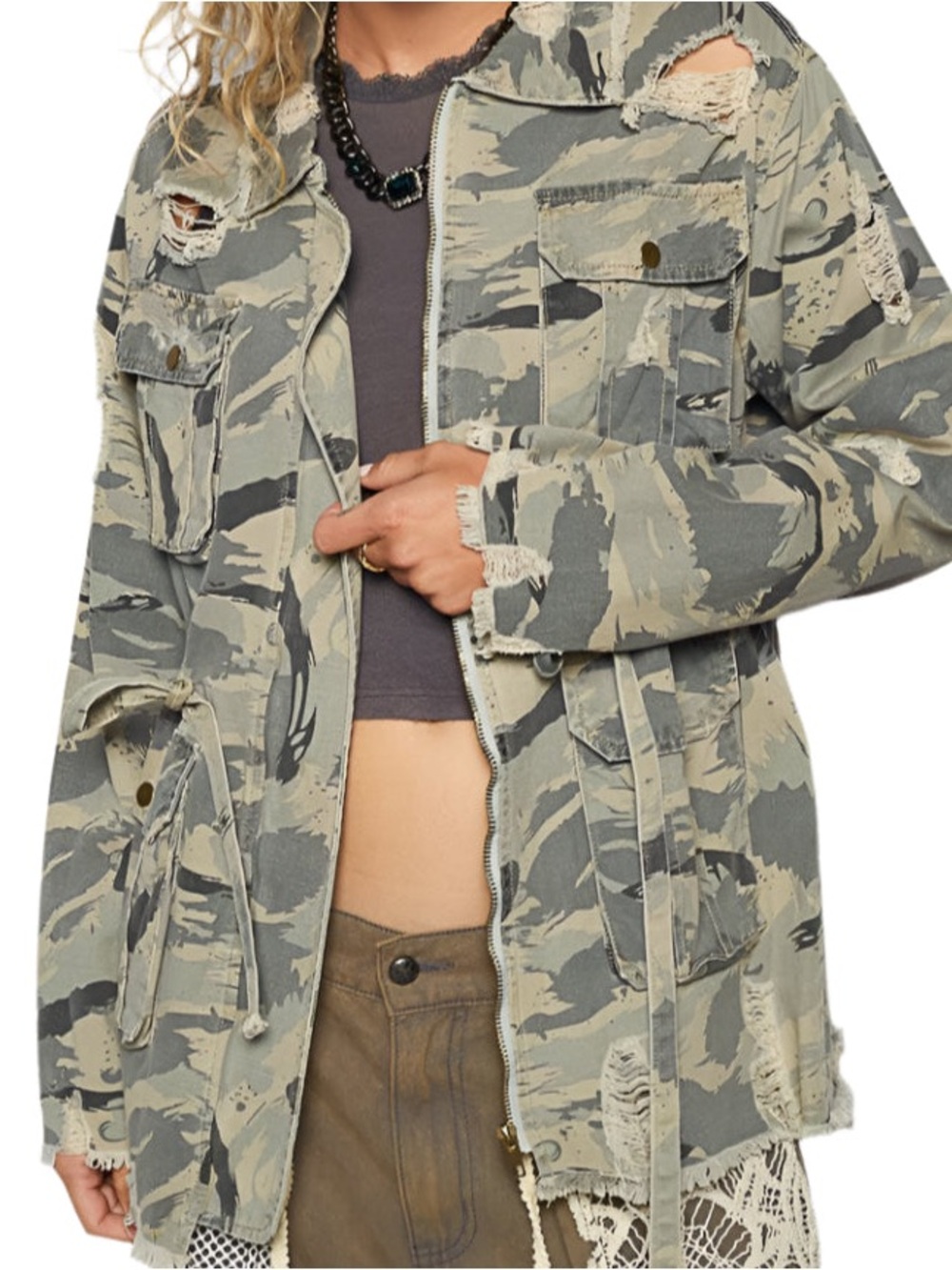 POL Vintage Distressed Camouflage Utility Jacket - Green Camo women’s small